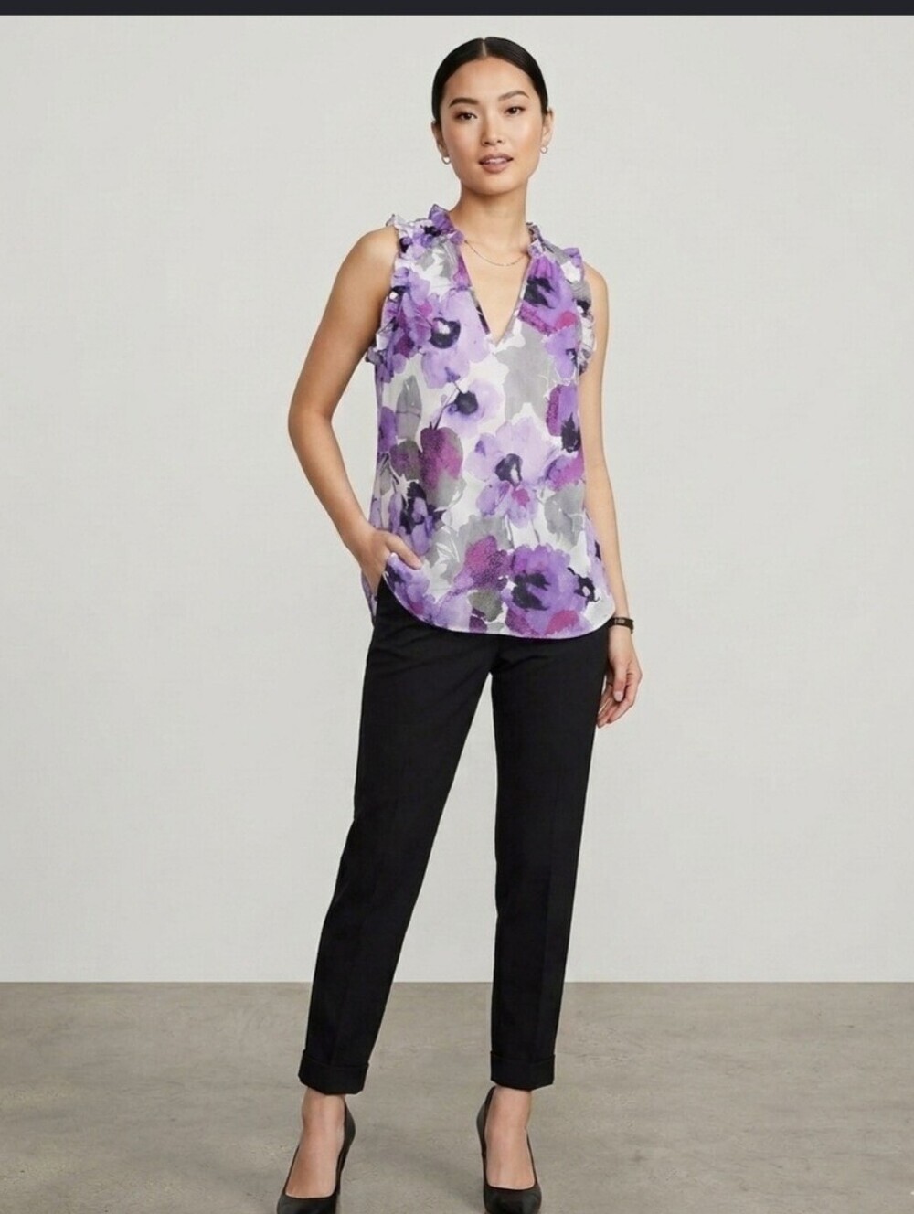 Express Womens Purple & Grey Floral Sleeveless Blouse Top Size XS